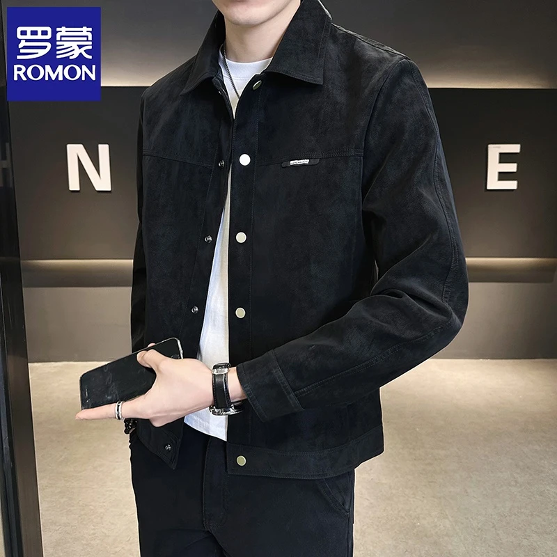 罗蒙春秋款男士复古翻领皮衣外套韩版修身工装休闲仿麂皮夹克潮流