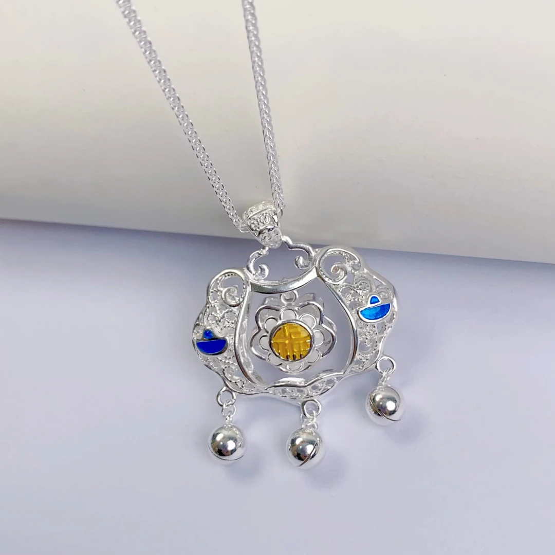 湘云 坠链均足银珐琅 足银999珐琅灵动烧蓝镂空福锁民族风双面