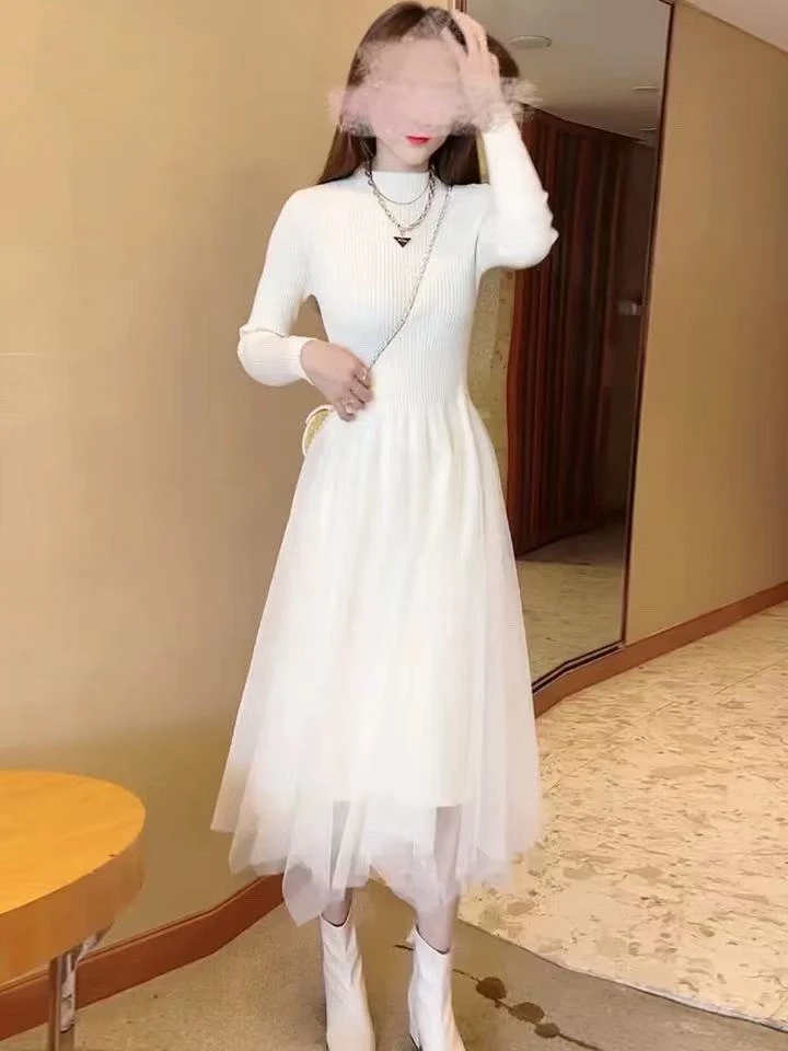 减龄针织拼接高腰网纱连衣裙女秋冬2025新款小个子修身内搭打底裙