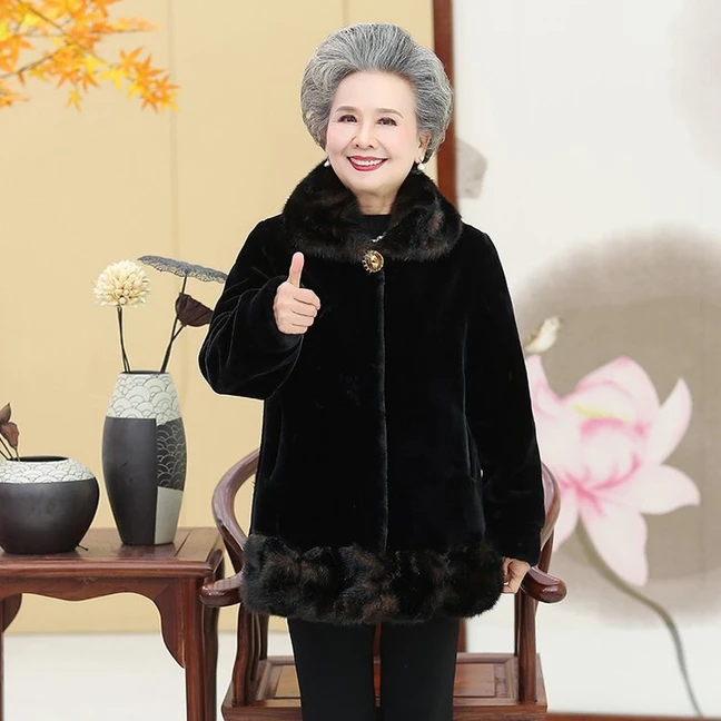 中老年人冬装女仿水貂绒大衣洋气奶奶外套60-70岁老人太太衣服