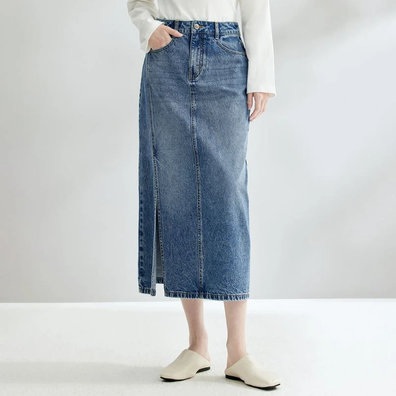 茵曼2024春秋新款女半身裙牛仔裙A字裙子休闲高腰纯棉百搭开叉