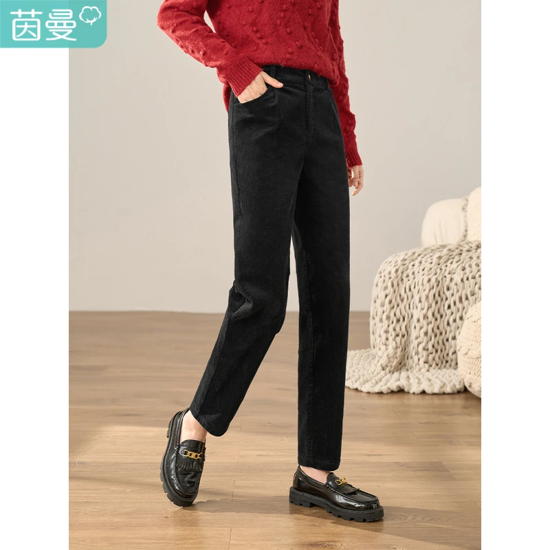 【商场同款】茵曼冬季女休闲裤长裤直筒宽松新款高腰女装显瘦黑色