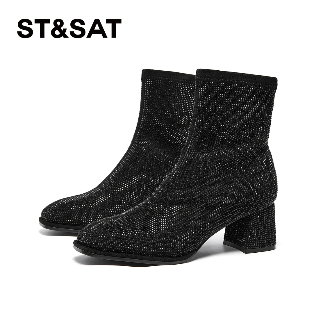 星期六24冬新精致细闪时尚粗跟5.5CM瘦瘦靴SSC4116372