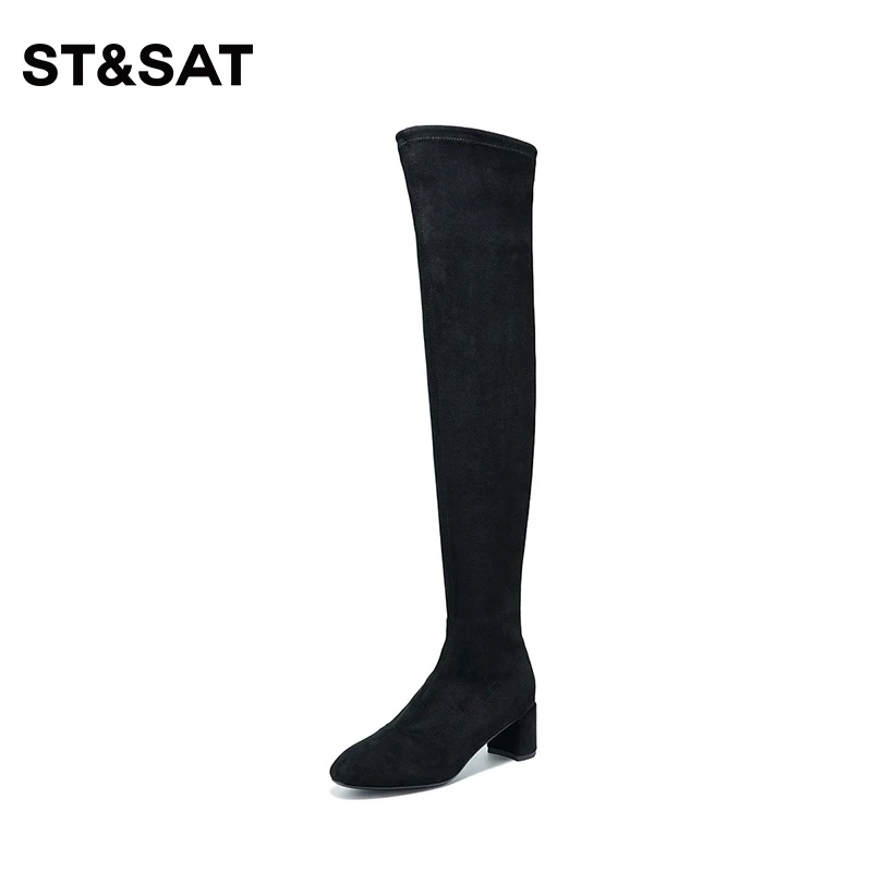 星期六时尚过膝长靴优雅时装靴2023冬季新品方粗跟女靴SS34117545