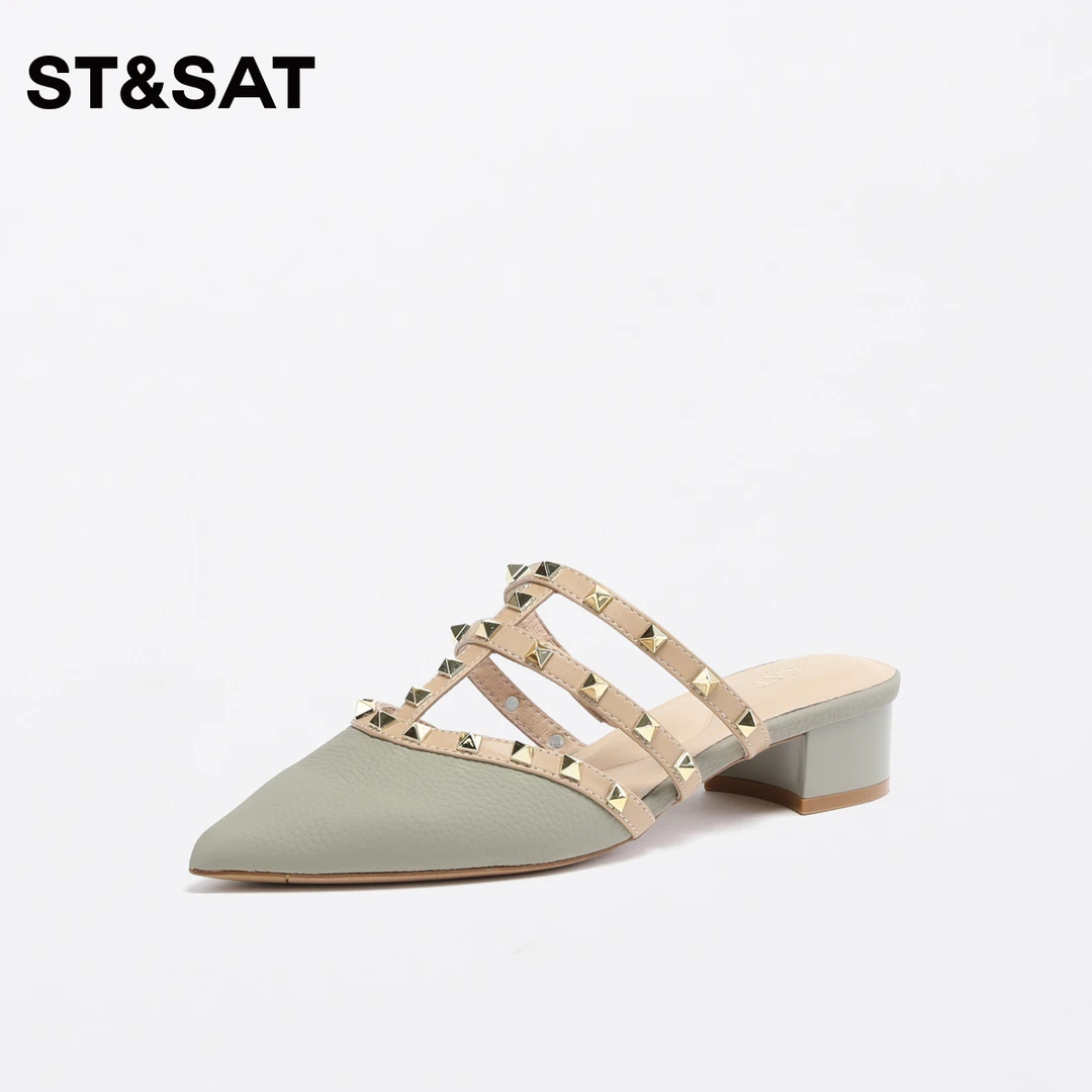 星期六时尚百搭荔枝纹铆钉法式尖头中后空凉拖SS31114305