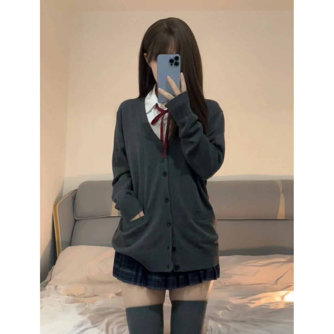 JK制服早秋外搭宽松穿搭纯色毛衣针织开衫薄款长袖外套jk制服女