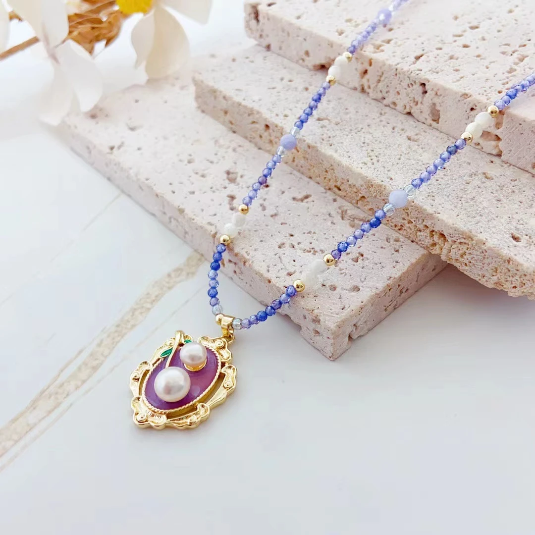 原创新中式紫色系配色淡水珍珠项链2024夏新款轻奢小众设计颈链