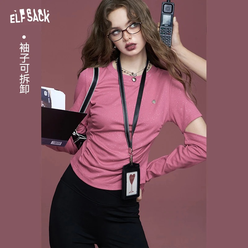 【诗语专属】妖精的口袋粉即正义褶皱亮闪修身t恤女2024秋季