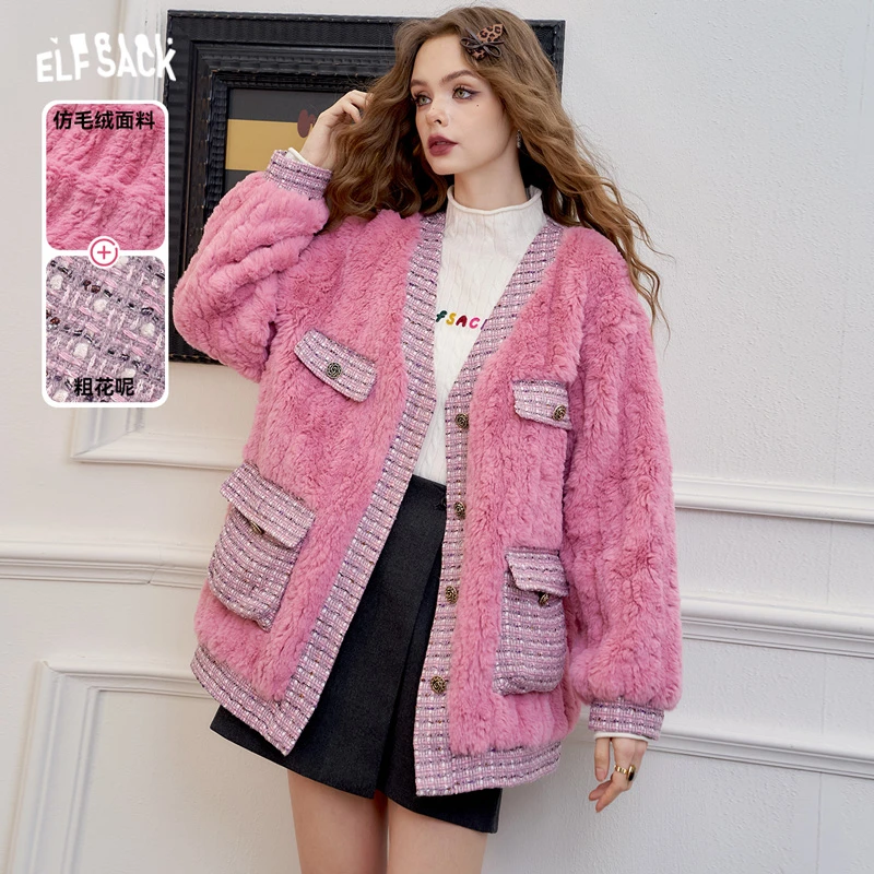 【小铃铛】妖精的口袋千鸟格拼接粉色毛绒绒外套女