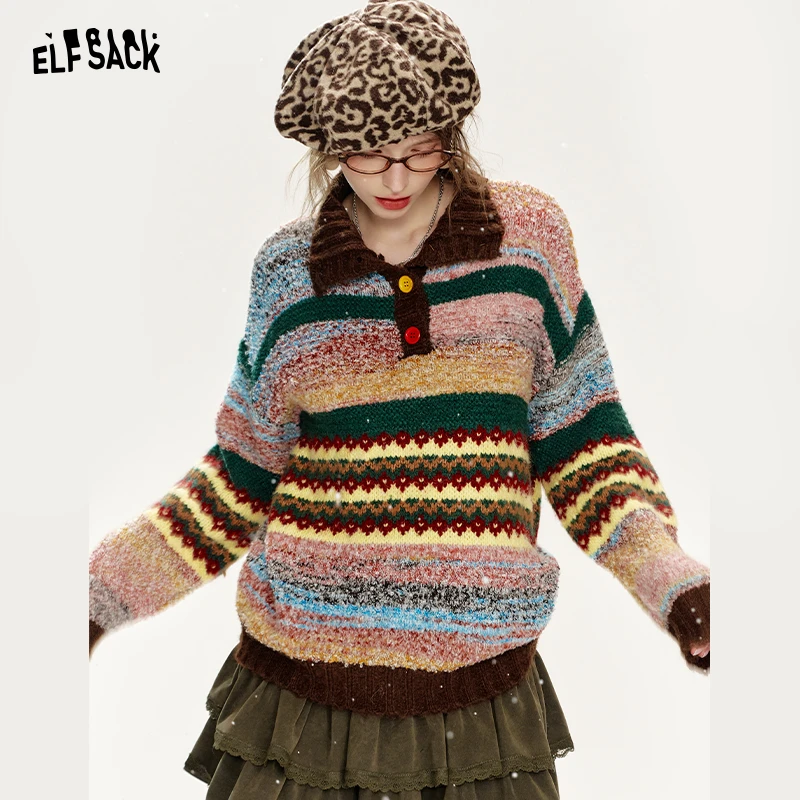 2208【金拐子】黑夜彩虹条纹Polo领圣诞毛衣2024冬新款