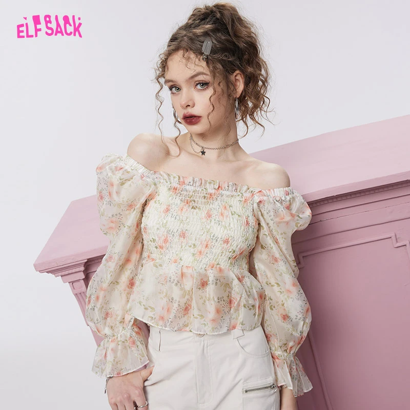 妖精的口袋蔷薇果冻衫夏新款方领短款碎花雪纺衫