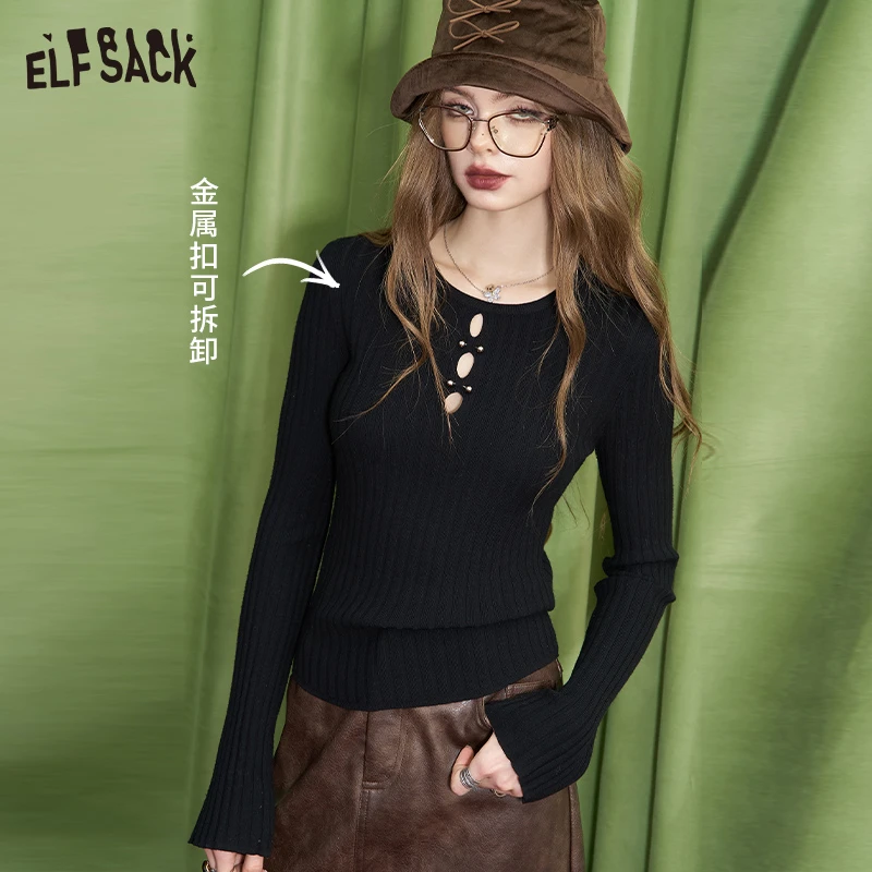 【小铃铛】妖精的口袋暗夜千金镂空针织衫女2024冬新款修身显