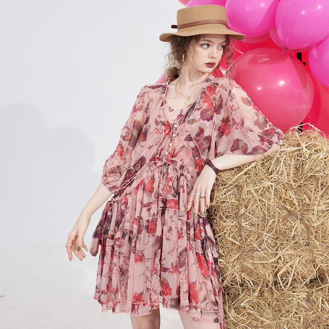 【小铃铛】2024年夏款雪纺碎花裙女v领不规则裙子女装连衣裙
