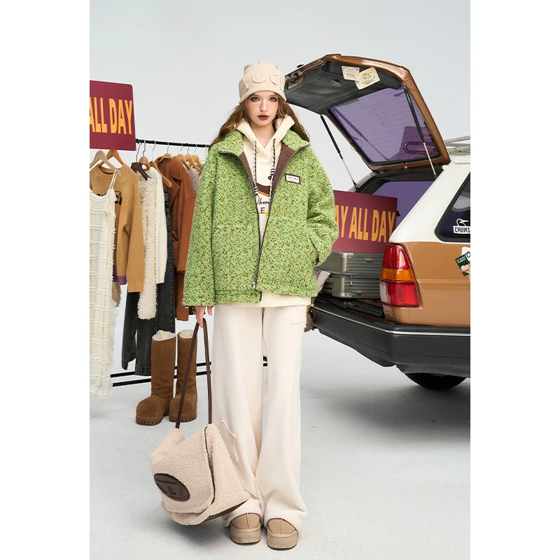 【超值购】妖精的口袋冬季新款百搭棉衣外套彩点藏青毛绒绒棉服女