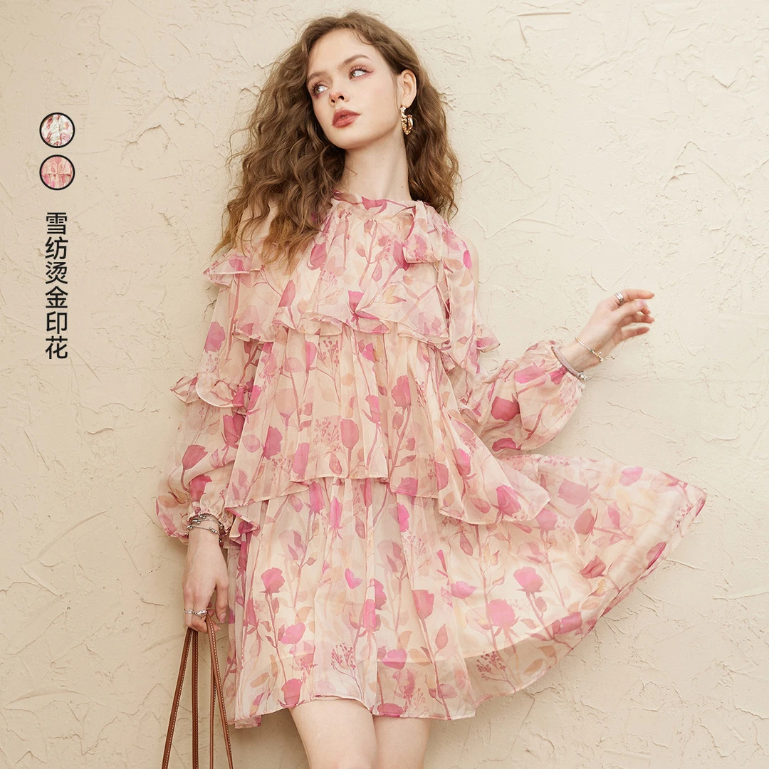 妖精的口袋烫金碎花露肩茶歇裙女复古法式浪漫度假风2024春夏款