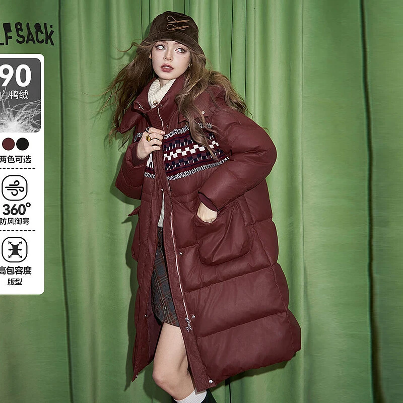 【夏夏】妖精的口袋90白鸭绒pu皮长款连帽羽绒服女2024年冬新款