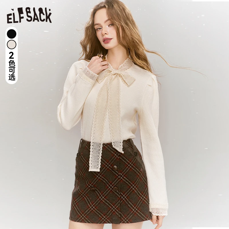 【云c专属】妖精的口袋蕾丝拼接修身法式针织衫女2024冬季新款