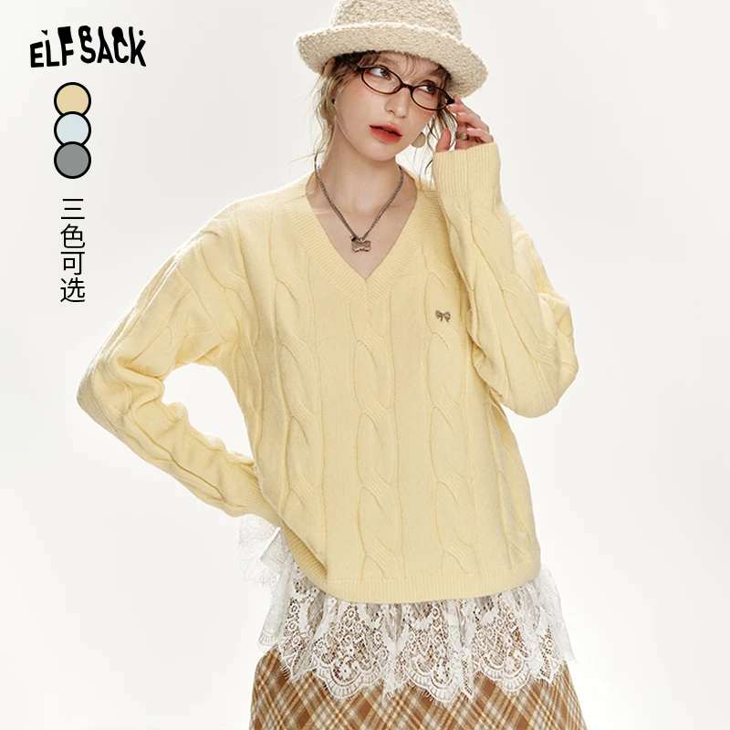 2205【金拐子】妖精的口袋冷色恋人绞花v领毛衣女2024冬季新款蕾