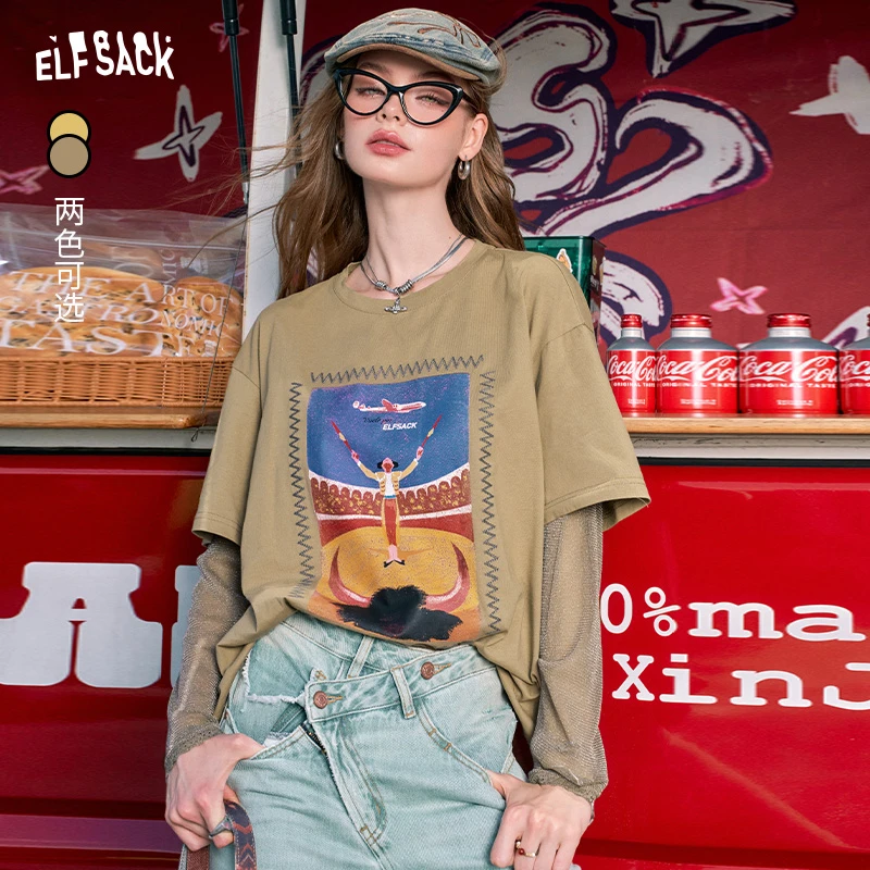 5082【金拐子】妖精的口袋宽松印花美式t恤女2024夏季新款亮闪弹