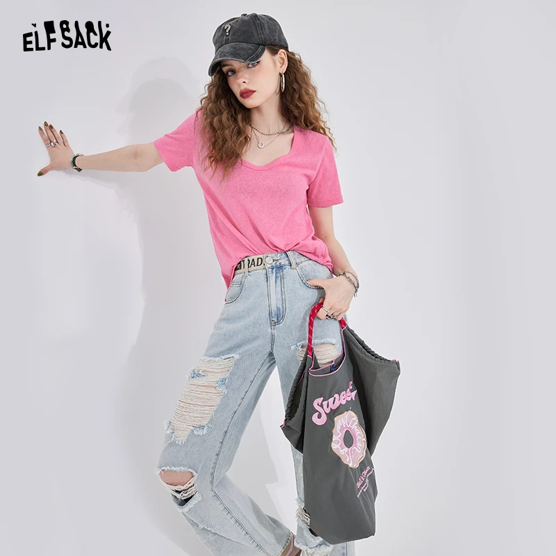 【诗语专属】妖精的口袋竹节糖果色U型领短袖2024夏季T恤百搭时尚