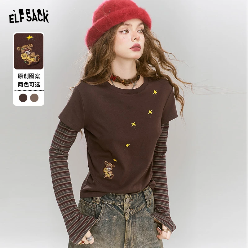 5018【金拐子】妖精的口袋原创印花绒感条纹长袖t恤女2024年冬季