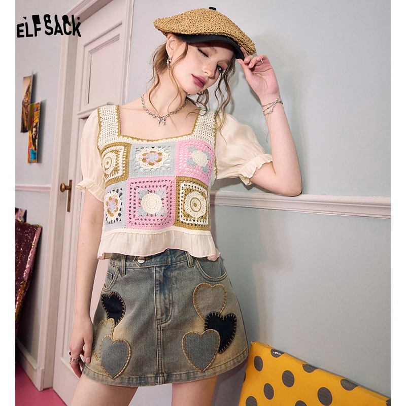 【诗语专属】妖精的口袋橘子洲的风雪纺拼接方领钩花针织衫20