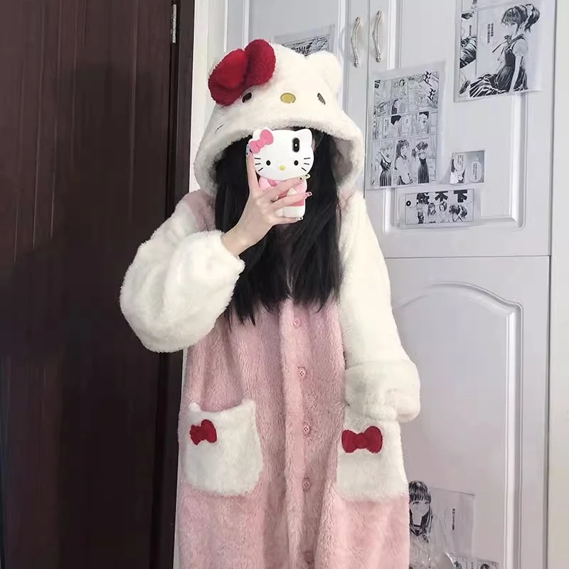 可爱凯蒂猫印花睡袍加绒加厚珊瑚绒浴袍女睡袍女款爆款2025新款