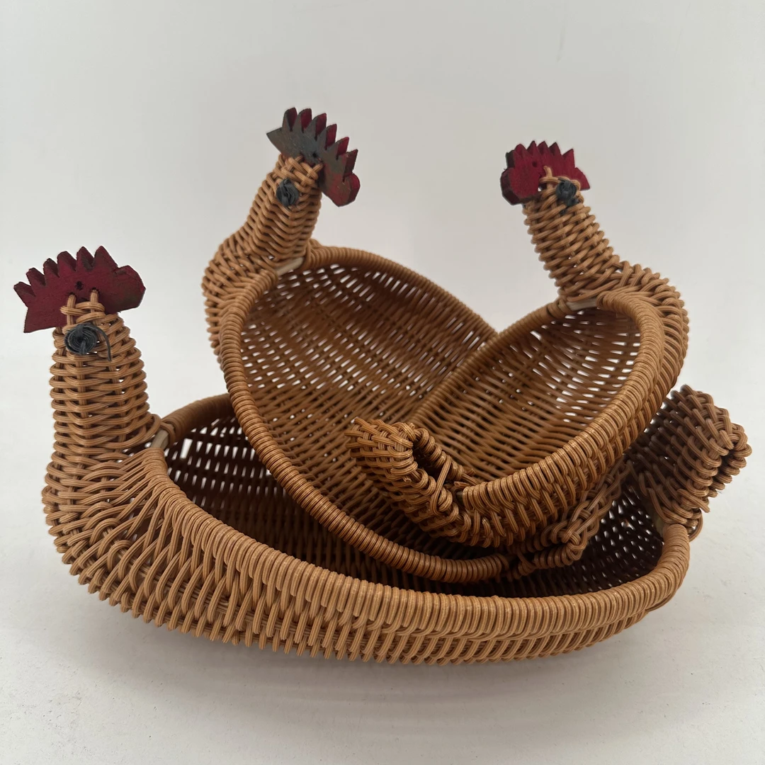 A022【拍一发三】棕色幸福鸡水果篮家用果篮居家收纳纯手工编织