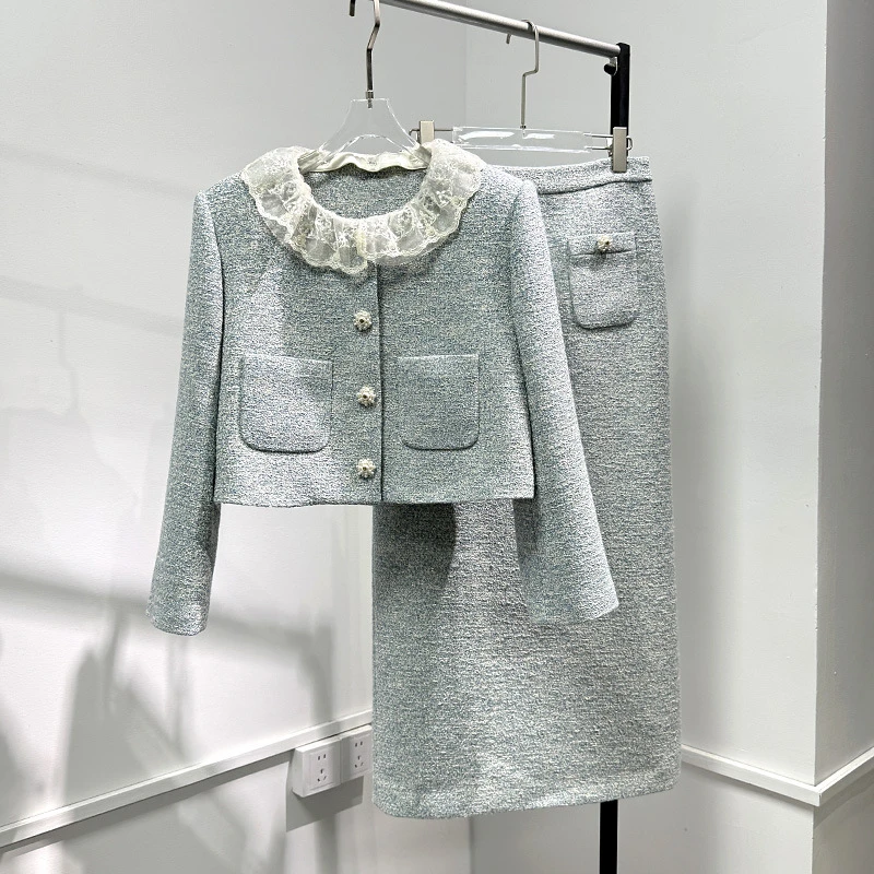 小香风粗花呢套装女深圳南油2024秋季新款圆领花边长袖短外套半裙