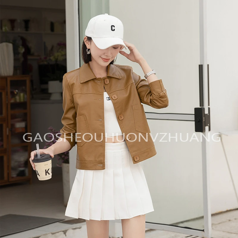 海宁正宗高端时尚洋气外套2025新款春季显瘦爆款韩版短款翻领皮衣