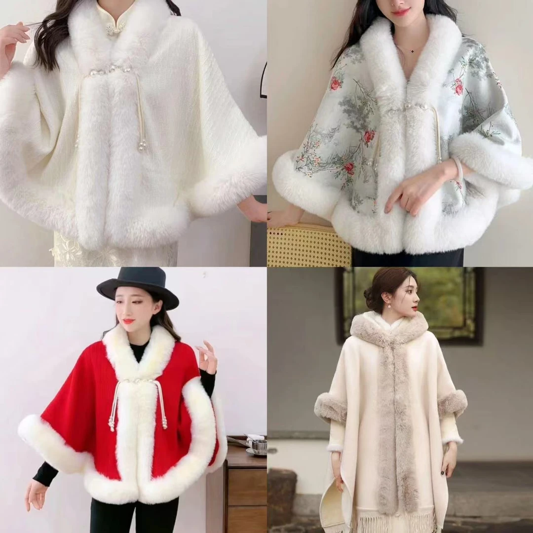 民国加绒加厚新款斗篷2024披肩旗袍气质高端秋冬保暖外套毛绒