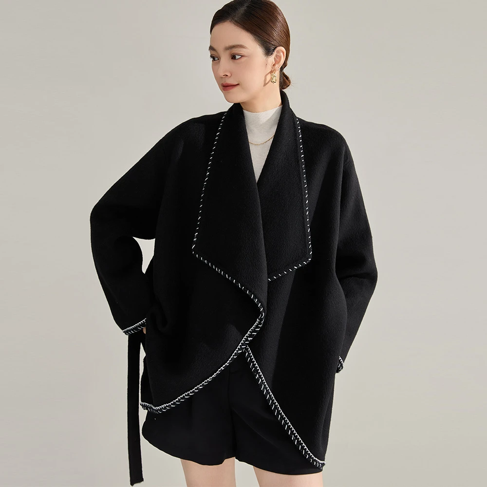 24冬新款宽松中长款大衣小香风双面呢长毛感花边毛呢大衣女22517