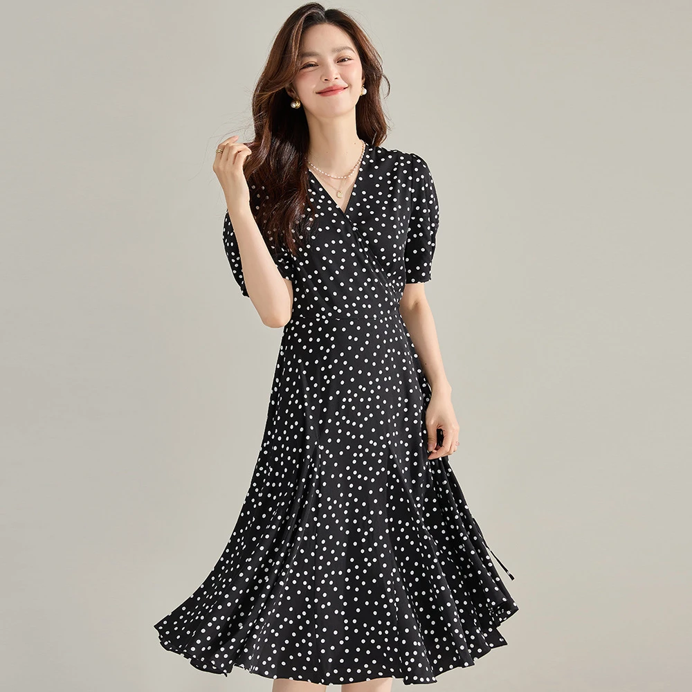 25夏新款波点V领垂感雪纺法式黑色仙女裙茶歇裙长裙连衣裙女22317
