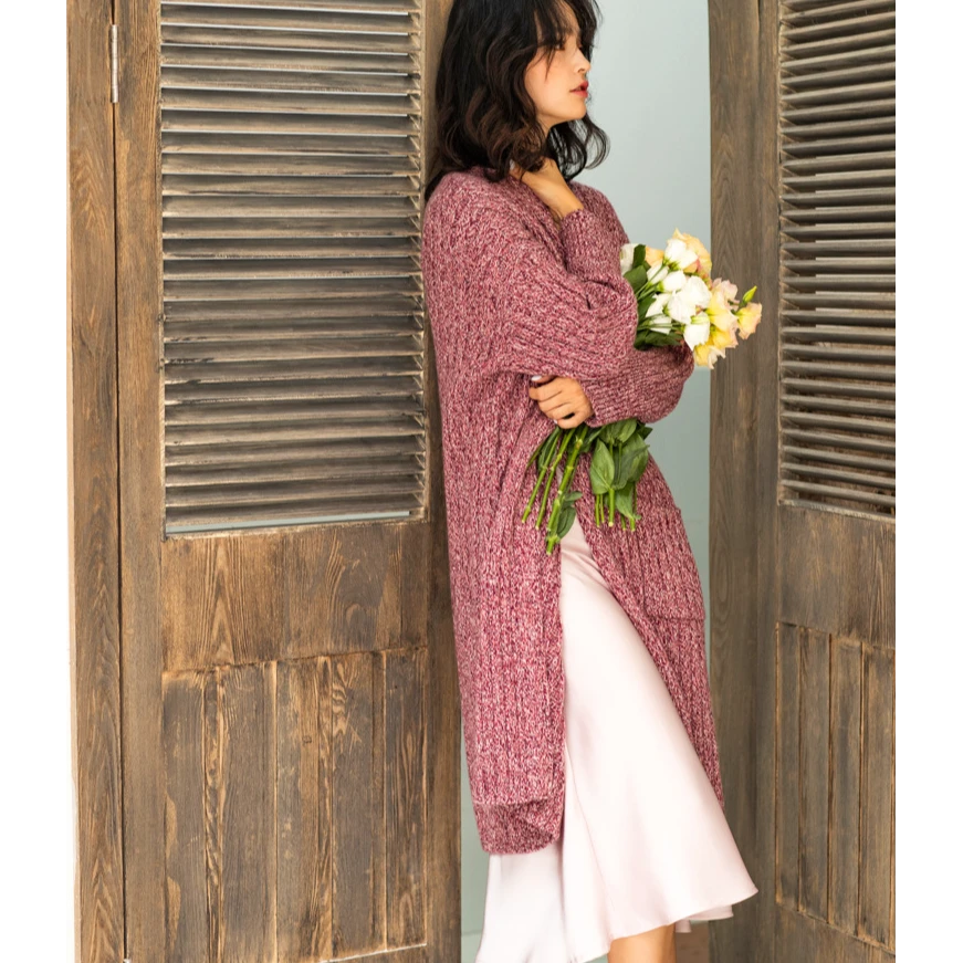 秋冬新款百搭柔软舒适开衫慵懒法式花纱中长款女针织7349保暖