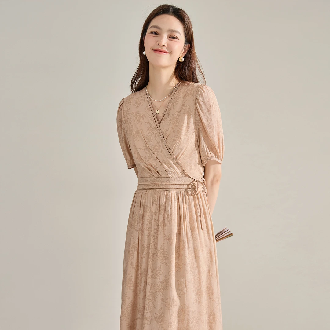 25夏季优雅气质V领收腰显瘦过膝连衣裙通勤风大裙摆茶歇裙15697