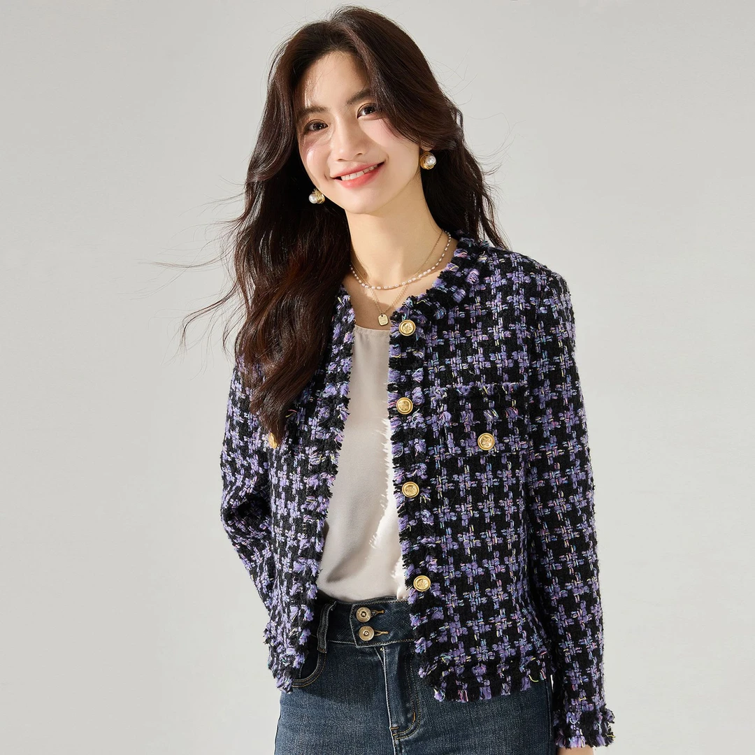 【盛宏】彩色千鸟格气质羊毛粗花呢流苏毛边小香风外套女15490