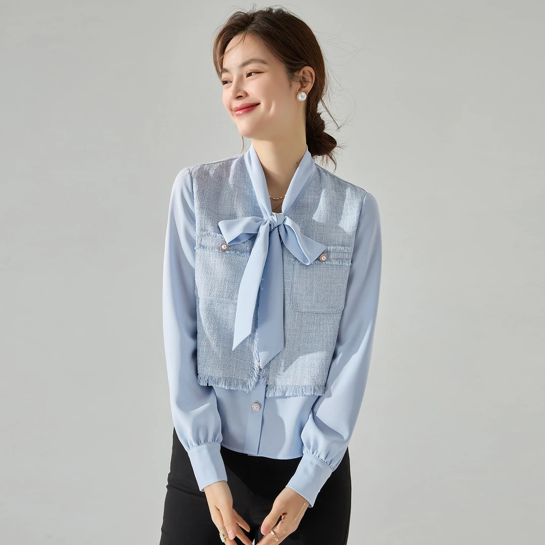 【直播间同价】V领小香风长袖衬衫拼接假两件通勤雪纺飘带上衣15571