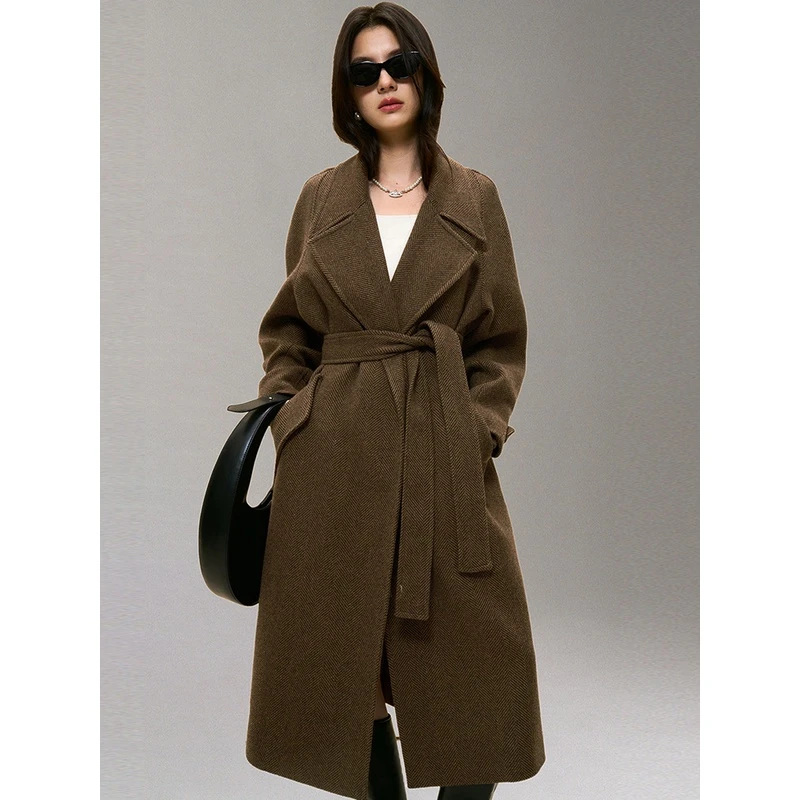25冬新日系休闲风重磅羊毛人字纹美拉德大翻领大衣外套女12260
