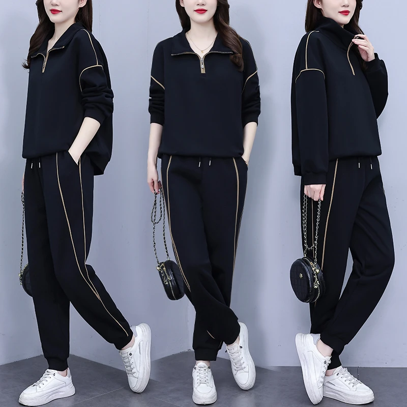 大码女士休闲运动套装秋季新款时尚洋气遮肚显瘦时尚卫衣两件套