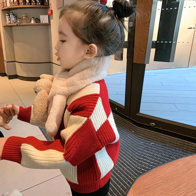 女童毛衣2025秋冬新款时尚洋气格子针织衫儿童宝宝加绒加厚上衣