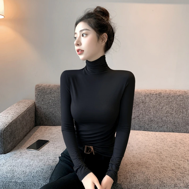 莫代尔高领打底衫女长袖内搭t恤春秋冬洋气新款堆领黑色德绒上衣
