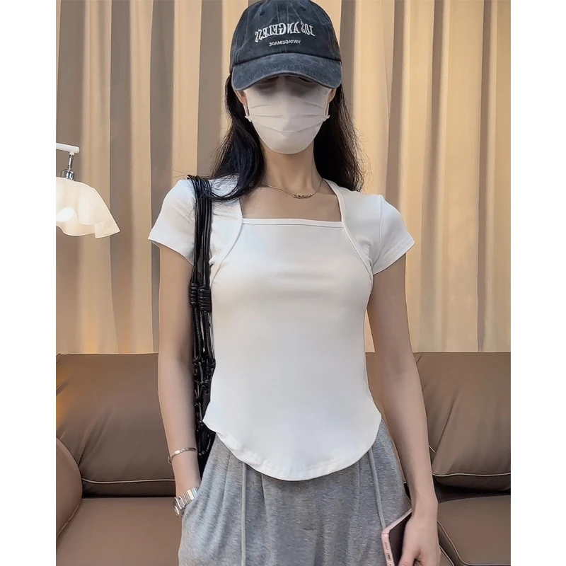 白色螺纹方领短袖t恤女夏不规则弧形下摆修身显瘦设计感小众上衣