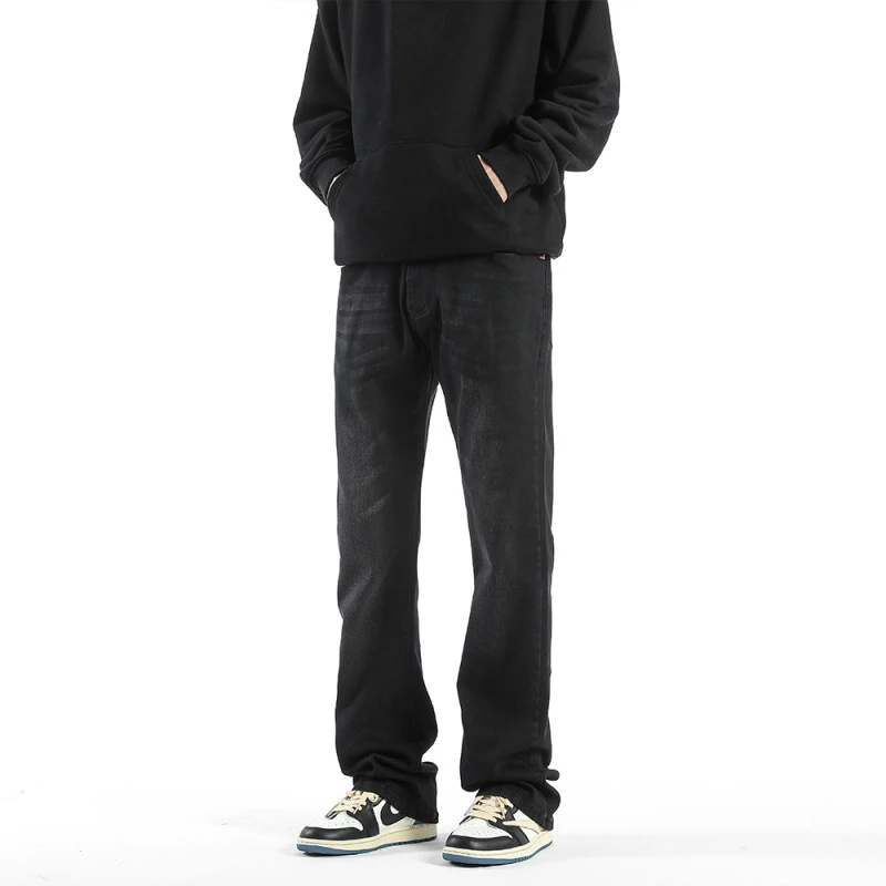 重磅弹力长裤男士春秋美式修身直筒加长拖地裤高街vibe黑色牛仔裤