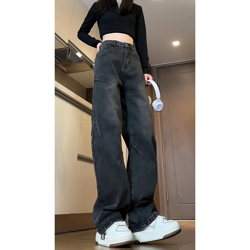 cleanfit高腰牛仔裤男款秋冬设计感工装解构裤子宽松直筒加绒长裤