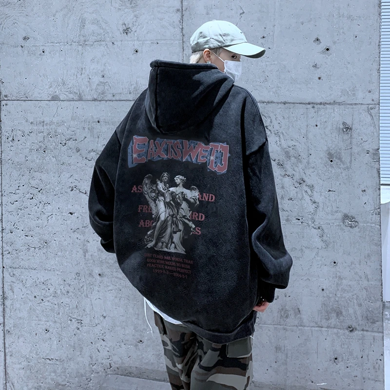 欧美高街连帽卫衣男秋春秋复古水洗做旧360g重磅加绒oversize外套