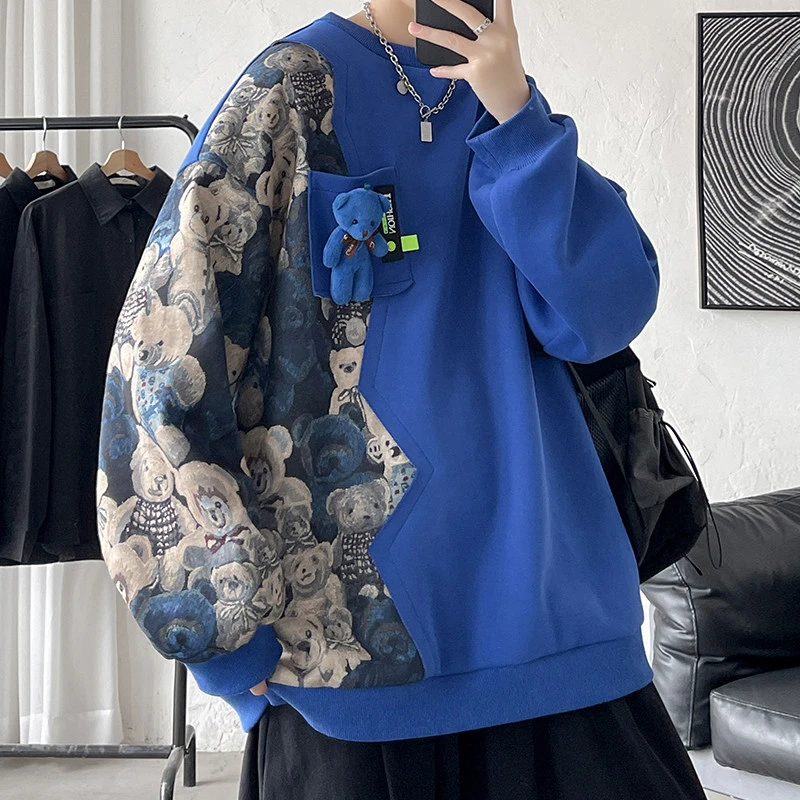 克莱因蓝小熊卫衣男潮ins高级设计感炸街外套oversize小众情侣装