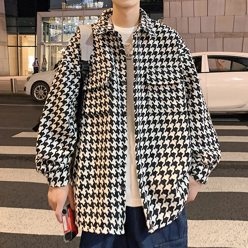 千鸟格子毛呢外套男生小香风chic复古上衣春秋季宽松翻领工装夹克