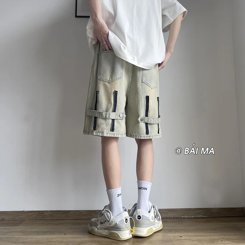 牛仔短裤男夏季美式高街拉链直筒裤子潮牌痞帅百搭宽松休闲五分裤