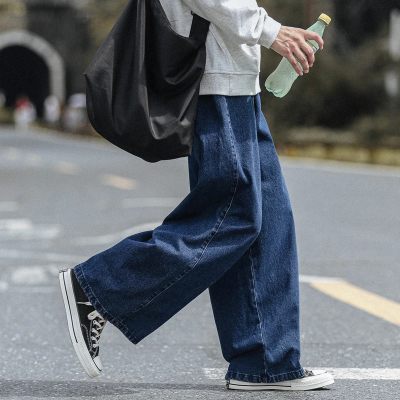 日系阔腿裤牛仔裤男直筒宽松潮牌拖地休闲裤子春秋季大码拖地长裤