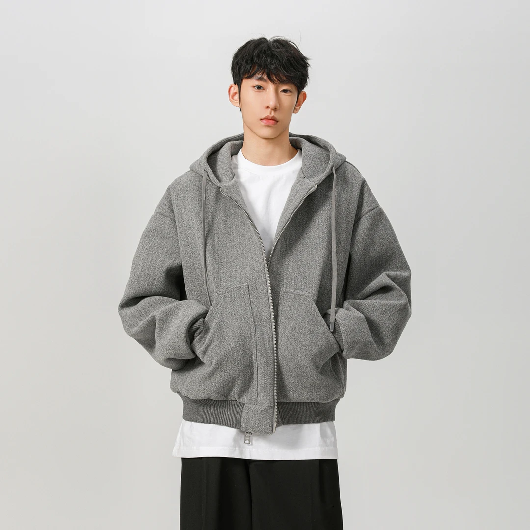 双拉链开衫毛呢卫衣外套男680G重磅美式cleanfit短款灰色连帽夹克